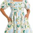 Wenrine Womens Summer Square Neck Mini Dresses Casual Floral Puff Short Sleeve Smocked High Waisted A-Line Babydoll Dress (Beige, large)