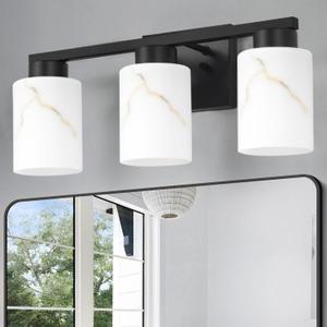 3-Light Bathroom Light Fixtures, Modern Vanity Lights, Black Metal Wall Lamp with Handcrafted Art Glass for Bathroom, Mirror, Living Room, Bedroom, Cabinet, Porch, Hallway, E26 Base