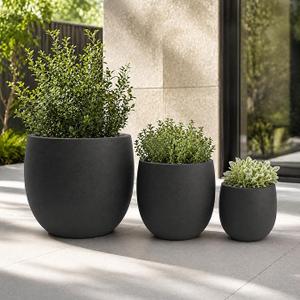 Set of 3 Round Polystone Indoor/Outdoor Planters, Black