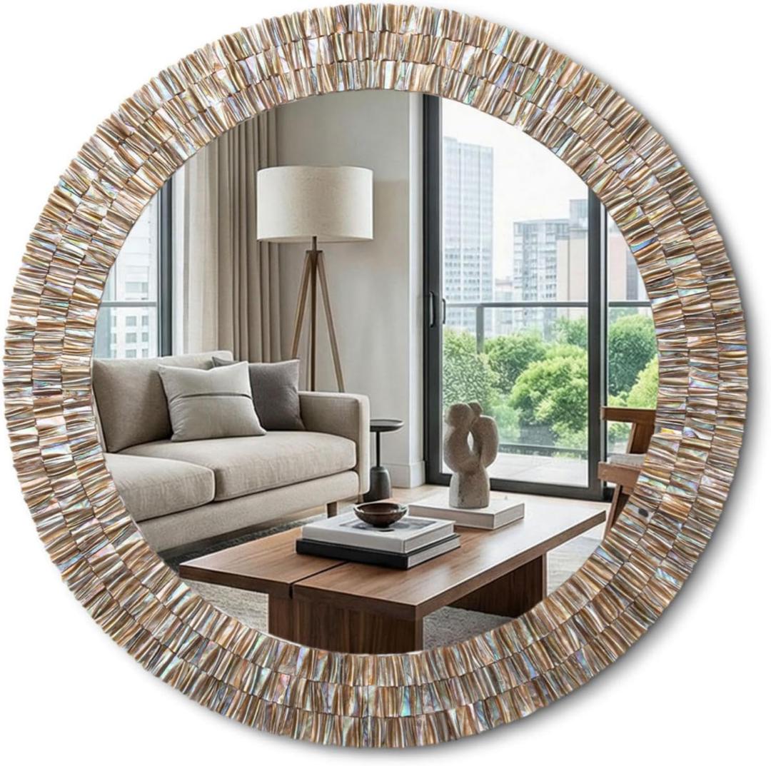 Sintuff Large 24 Inch Round Capiz Shell Mirror, Coastal Seashell Wall Mirror for Beach House Handcrafted Capiz Seashell Sunray Wall Decor for Living Room, Bedroom Vanity