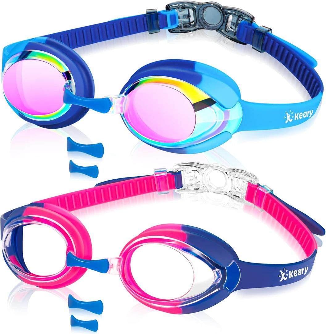 Keary Kids Swim Goggles for Toddler Kids Youth(3-12),Anti-Fog Waterproof Anti-UV Clear Vision Water Pool Goggles (Mirrored Blue & Clear Pink(2 Pack))