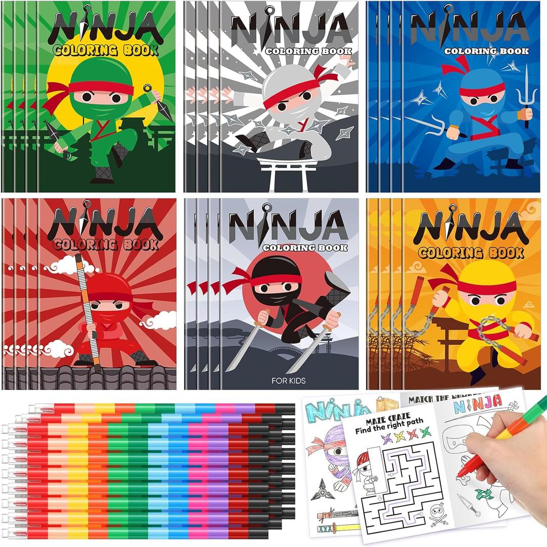 24 Ninja Coloring Book with 24 Stacking Crayons for Kid Mini Drawing Book Bulk Party Favor for Valentines Day Party Supplies Goodie Bag Stuffer Carnival Prize Classroom Gift