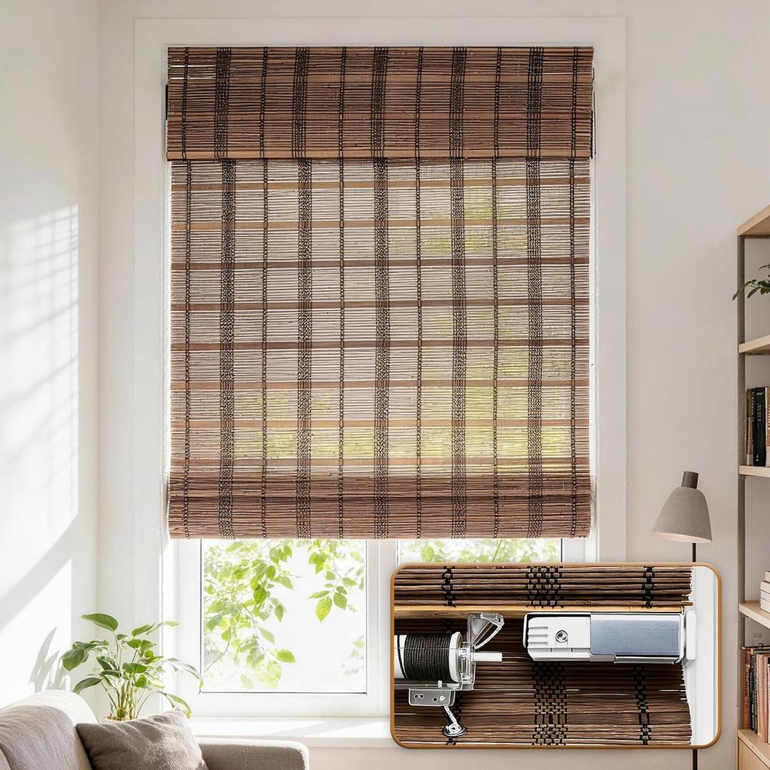 No Drill Cordless Bamboo Roman Shades, Walnut, 28x64