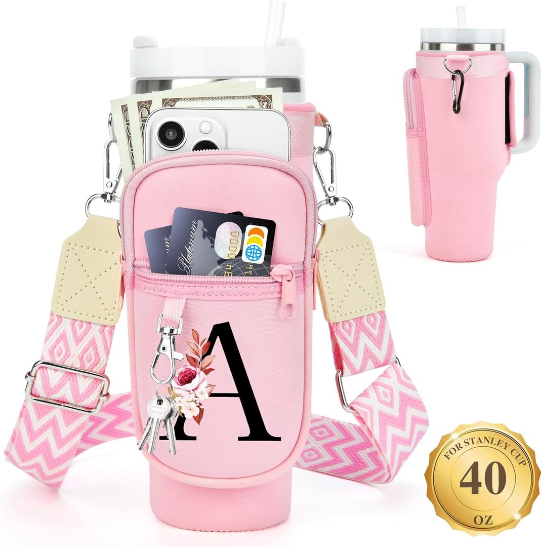 LOKASS Personalized Water Bottle Holder with Strap for Stanley Cup Accessories 40 oz, Initial for Stanley Cup Holder Carrier Bag with Phone Pocket, Stylish Tumbler Accessories Gifts for Women (Pink)