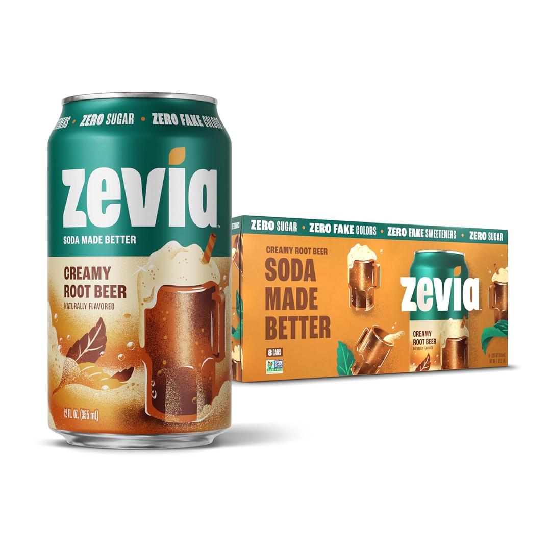 Zevia Zero Sugar Soda, Creamy Root Beer, 12 oz Cans (8-Pack)  Naturally Sweetened, Non-GMO Project Verified, Gluten-Free, Vegan