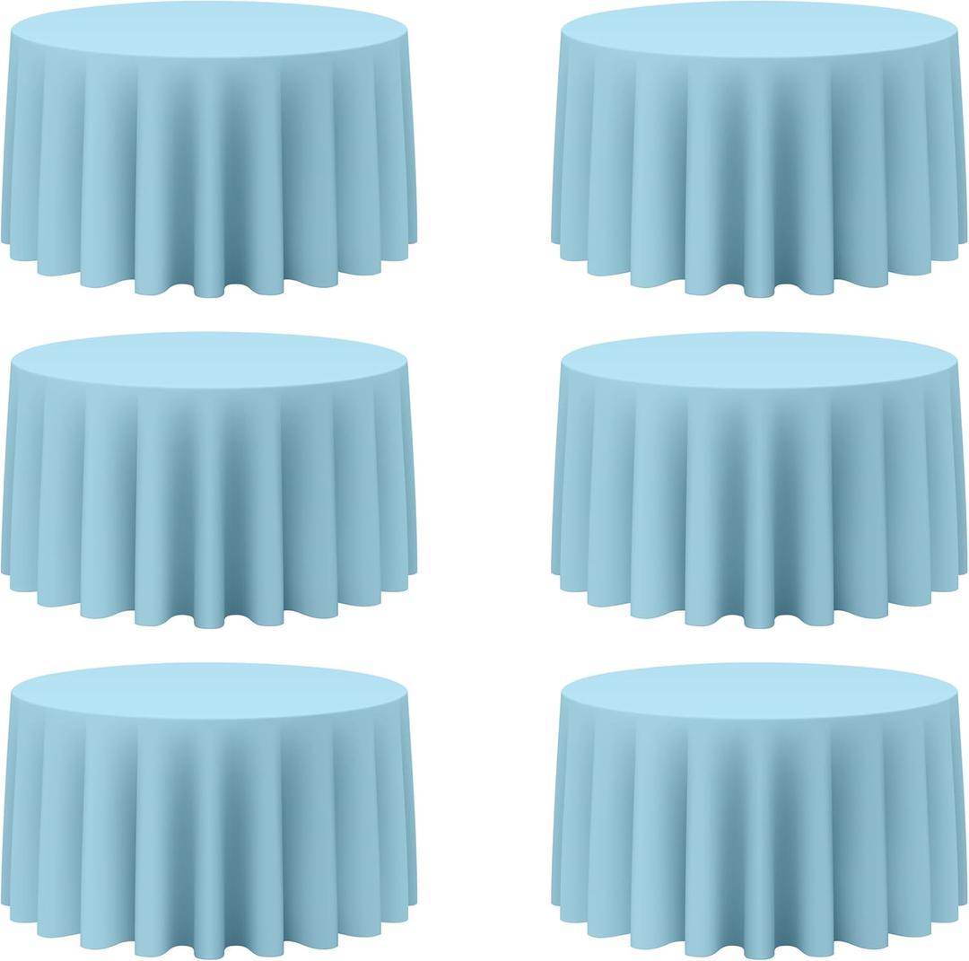 BRILLMAX 6 Pack Light Blue Round Tablecloths 120 Inch for 60 Tables - 150 GSM Polyester Fabric, Floor Length Drop, Water, Stain & Wrinkle Resistant Cloth Cover for Wedding Reception Banquet Dining