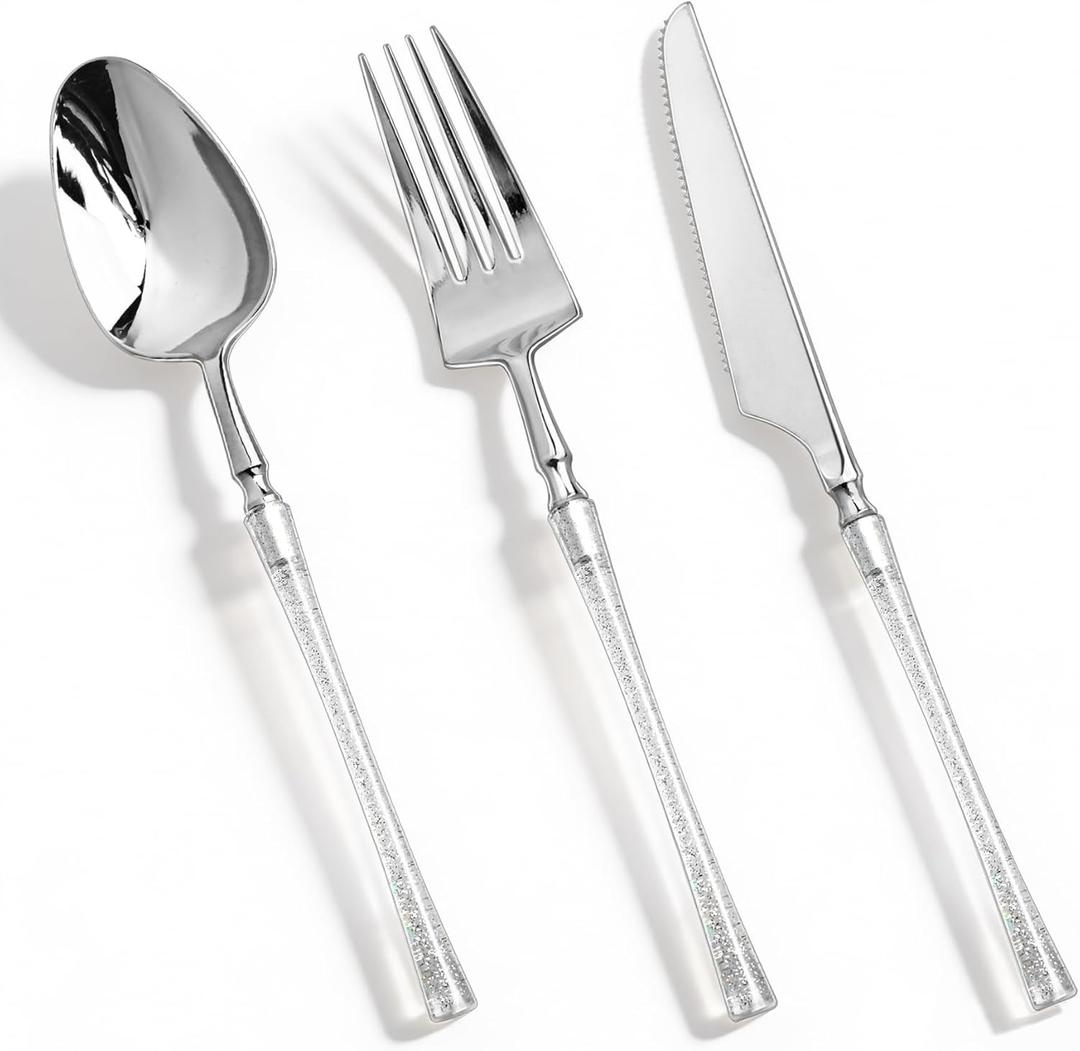 150PCS Silver Plastic Silverware, Heavy Duty Utensils, Disposable Plastic Cutlery Silverware Include 50 Forks, 50 Knives, 50 Spoons for Party and Wedding, Shiny Silver