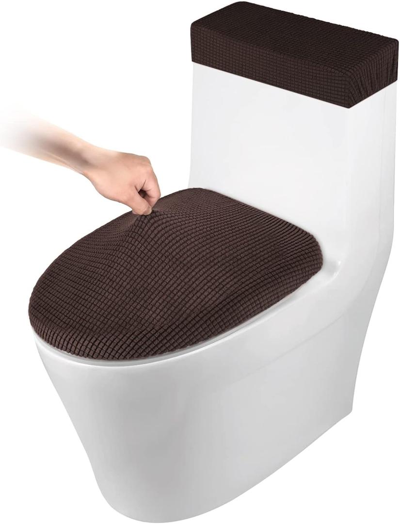 Toilet Lid Cover and Toilet Tank Cover Stretch Toilet Covers Set for Bathroom, Polyester Spandex Jacquard Fabric, Machine Washable, with Elastic Bottom, Coffee