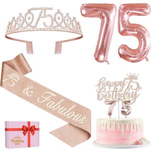 75th Birthday Decorations for Women, Including 75th Birthday Sash and Crown, Cake Topper and Candles, Number Balloons, Greeting Card, 75 Year Old Gifts for Women