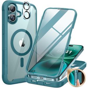 Miracase for iPhone 16 Case 6.1'', [Bubble Free] Full-Body Bumper Phone case with Built-in Full Glass Screen &Lens Protector,No Gap,Compatible with MagSafe,Drop Proof 16 Cover,Green
