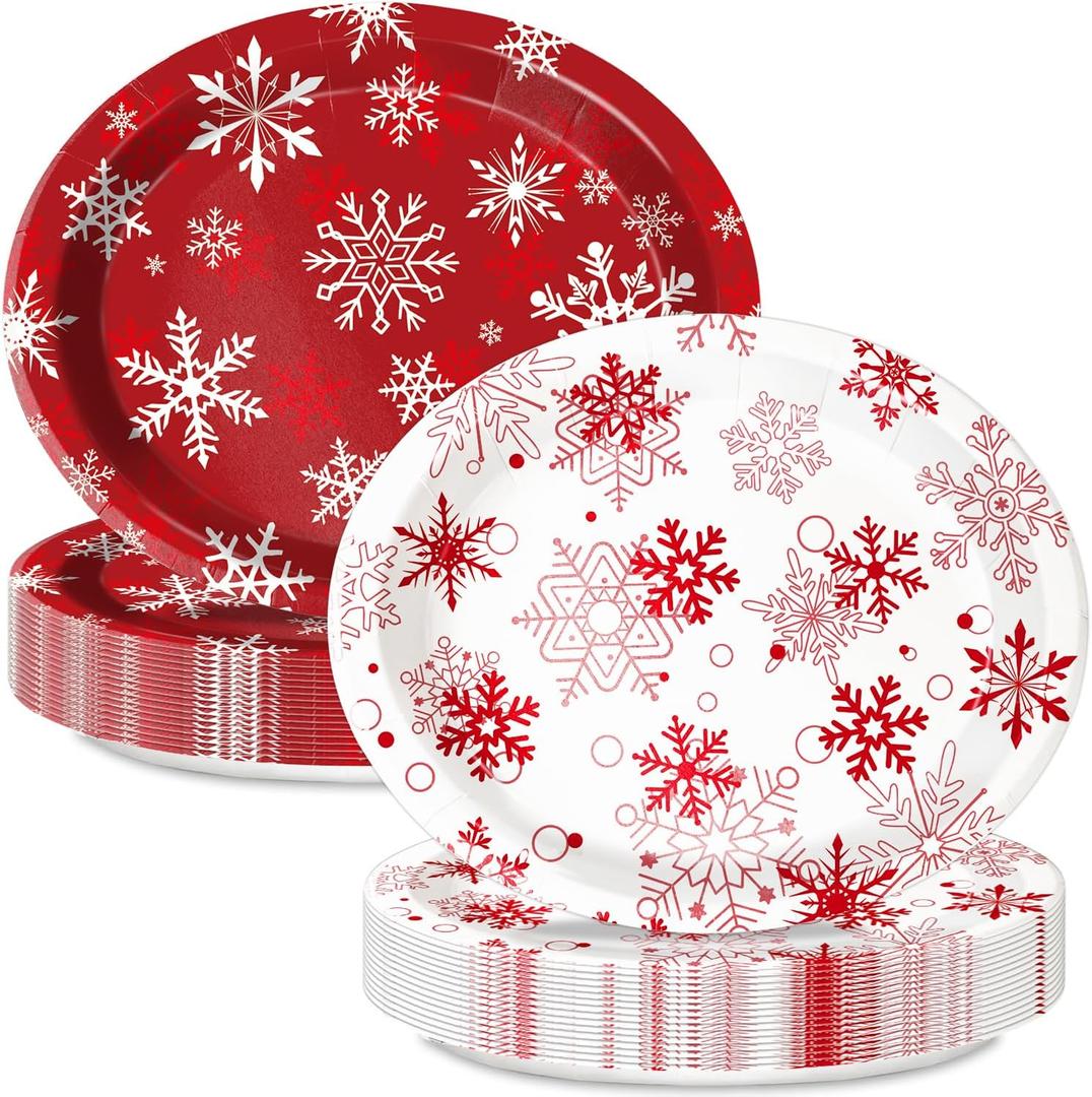 30 Count Christmas Oval Disposable Paper Plates Large Snowflake Paper Plates for Xmas Wedding Birthday Candy Christmas Party Supplies