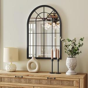 Black Arched Window Pane Mirror - 42"x26" Farmhouse Arch Window Decorative Wall Mirror for Wall Decor, Black Metal Framed Mirrors for Entryway, Living Room, Bathroom, Bedroom, Fireplace