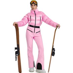WOWULOVELY Women Snowsuit Slim One Piece Jumpsuit Winter Onesies Ski Suit Outdoor Sports Waterproof Windproof Collar Coat (X-Large, Pink)