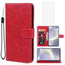 Gufuwo Case for Galaxy S24 Plus Case, Samsung S24+ 5G SM-S926U Wallet Case with Tempered Glass Screen Protector, Lace Flower PU Leather Flip Credit Card Holder Phone Cover for Samsung Galaxy S24+ Red