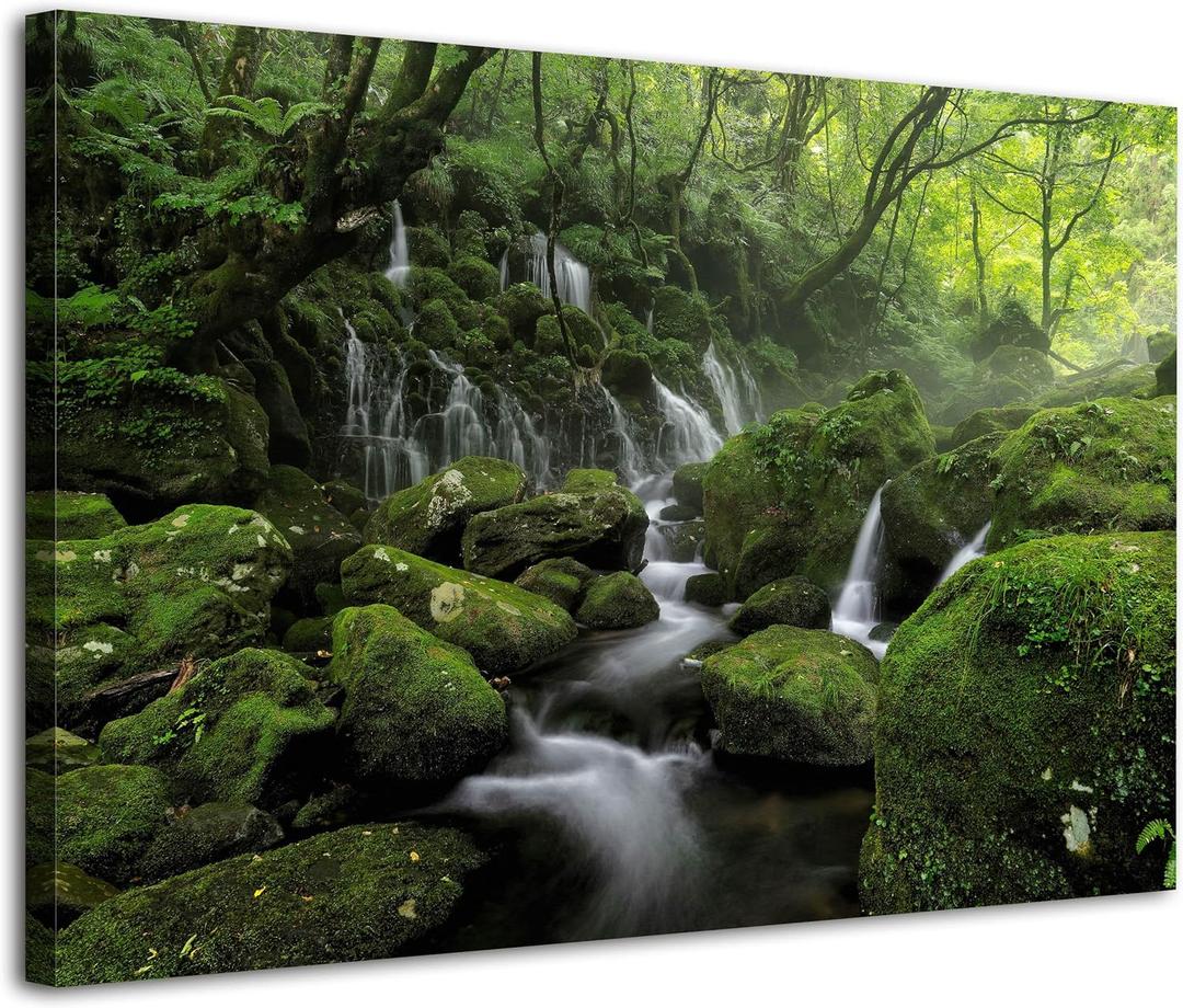 Foggy Forest Canvas Wall Art for Living Room Green Trees Scenery Painting Prints 24x36”, Misty River Stream Photo Framed Spring Landscape Natural Moss Scene Artwork Office Bedroom Home Decorations