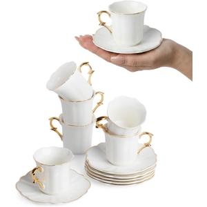 Brew To A Tea White Espresso Cups with Saucers, Set of 6 (3 oz), Porcelain Turkish Coffee Cup Set with Gold Trim Design & Gift Box, Dishwasher Safe, Christmas Gifts
