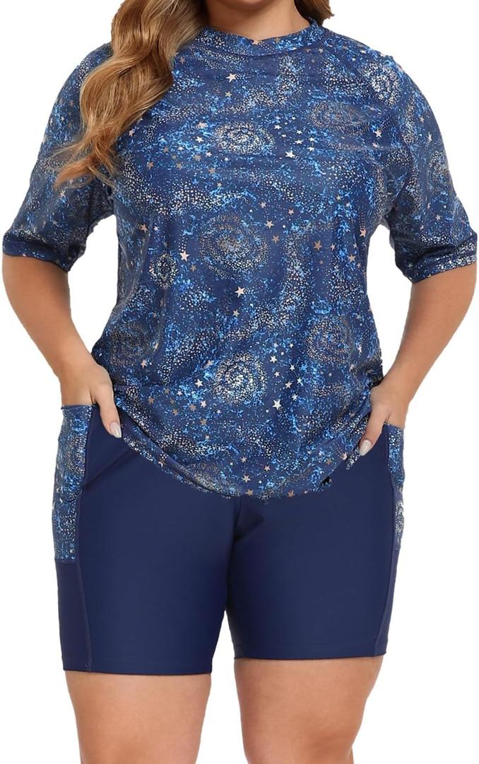 Halcurt Women's Plus Built in Bra Rash Guard Two Piece Swim Shirt and Pockets Boyleg Shorts (4X, Blue Galaxy)