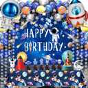 Outer Space Birthday Party Decorations 96PCS Set with Backdrop, Table Cover, Star Garland, Rocket & Astronaut Foil Balloons, Cake Topper, Latex Balloons for Kids Party