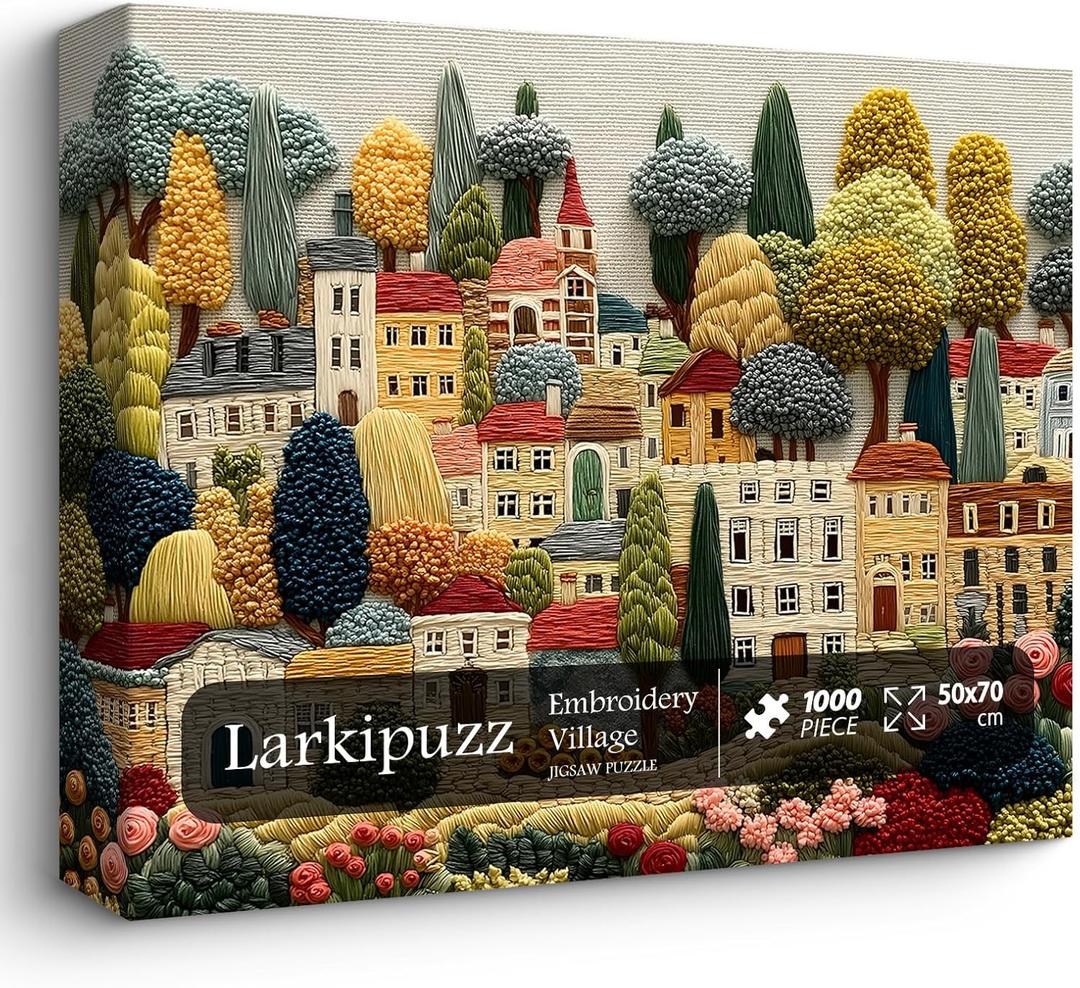 Embroidery Village Jigsaw Puzzle 1000 Pieces, Patchwork Country House Puzzles for Adults Trees, Larkipuzz Impossible Quilting Plants Puzzles for Wall Decor