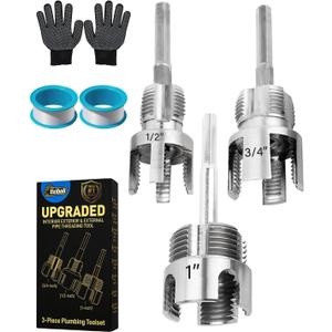 3PCS PVC Pipe Threader, 1/2" 3/4" 1" Carbon Steel 4 in 1 Water Pipe Wrench Cutter Set, Dual-Function Integrated Internal & External Plastic Pipe Threading Plumbing Pipefitter Plumber Tool Kit