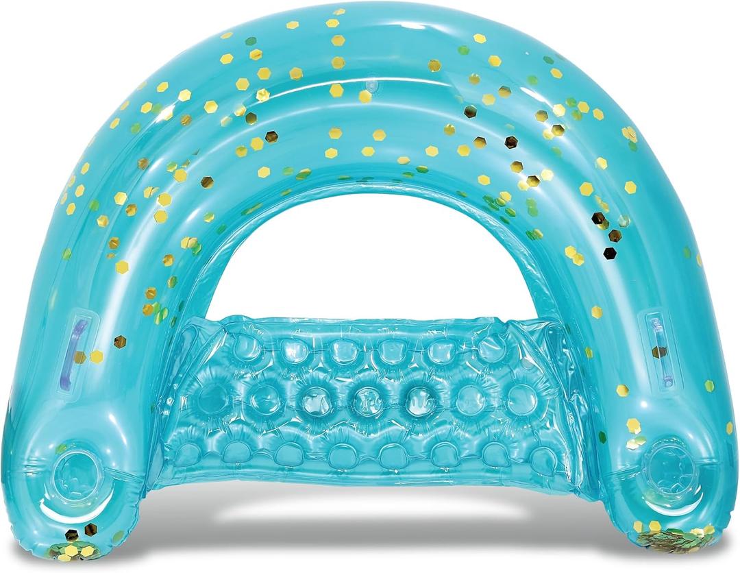 POZA Inflatable Pool Float Chair - Luxurious Lounger Filled with Sparkle Confetti, 2 Built in Cup Holders & Handles, Water Floating Chair for Beach, Lake & Swimming Pool - 48 x 38 Inch (Blue)