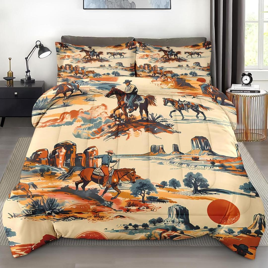 Pamnest Comforter Set Twin Size, Vintage Western Cowboy Soft 2 Pcs Bedding for Kids and Adults West Horse Desert Comforter Set with Pillowcase for Bedroom Bed Decor