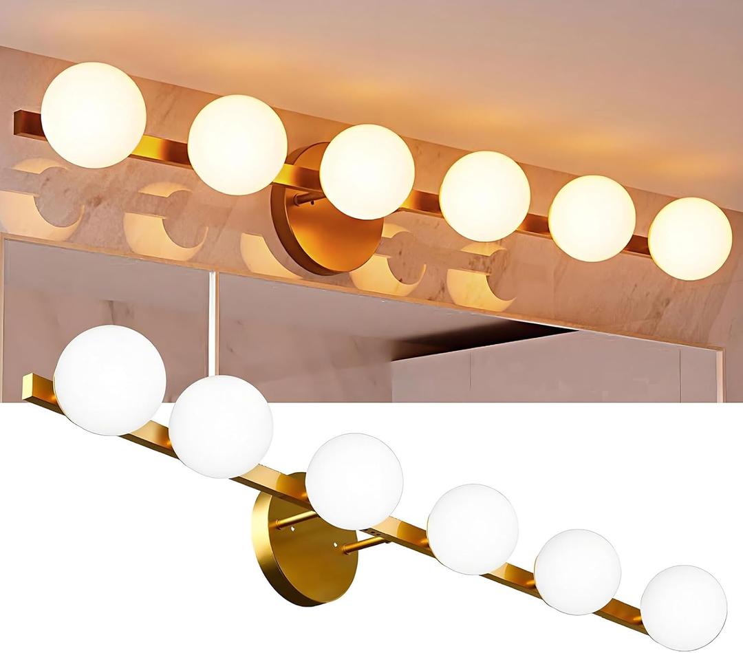 Lightdot 38" 6-Light Modern Bathroom Vanity Light | Matte Gold Straight Frame with White Globe Water/Shatterproof Shades | Dimmable Rust-Proof Lighting for/Bathroom/Livingroom/Mirror/Cabinet-Gold (6L-Gold)