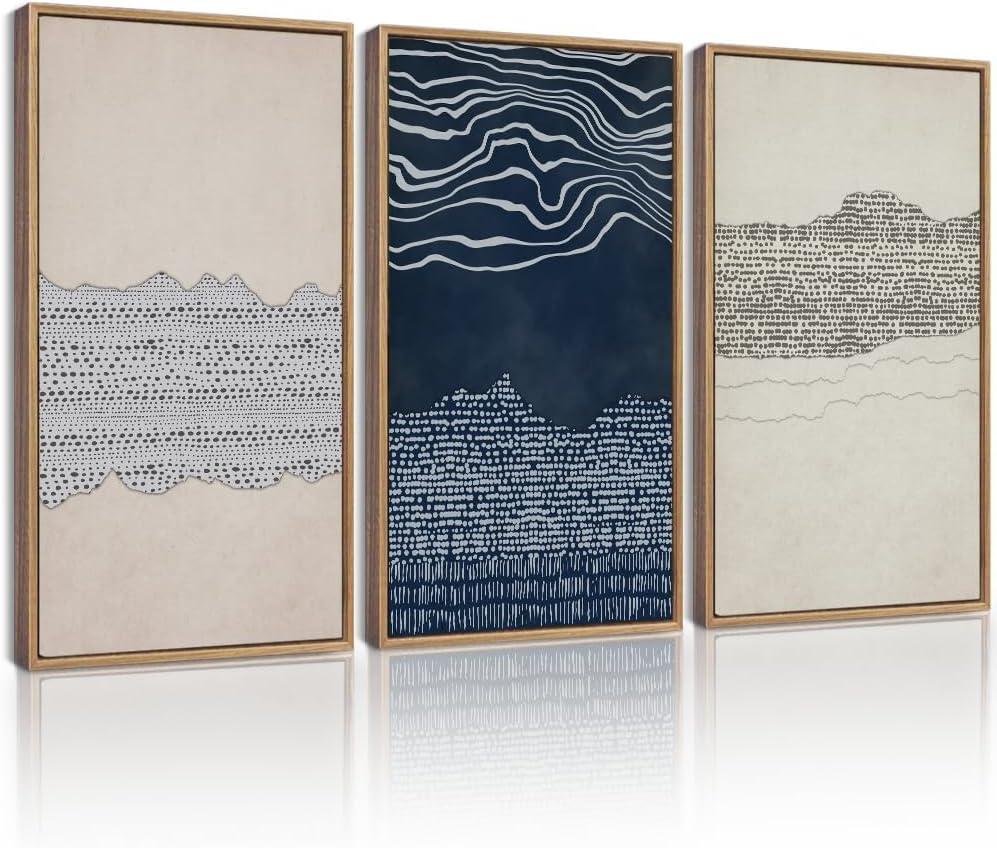 KUVIOKE Navy Blue Abstract Framed Wall Art Modern Neutral Minimalist Wooden Pastel Boho Wall Decor Farmhouse Rustic Art Painting Home Decor 16x24in (Natural Framed)