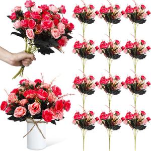 Hotop 12 Bunches of Artificial Flowers Centerpiece 13 Inches Silk Faux Roses Bouquets for Table Decoration Realistic Bouquet Arrangement Boho Faux Flowers for Wedding (Rose Red)