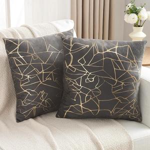 JELLYMONI Sparkling Decorative Pillow Covers Set of 2, 16 x 16 inch Glitter Decorative Cushion Covers for Couch, Sofa, Bed - Luxuriously and Sparkling Metallic Design (Gold Grey)