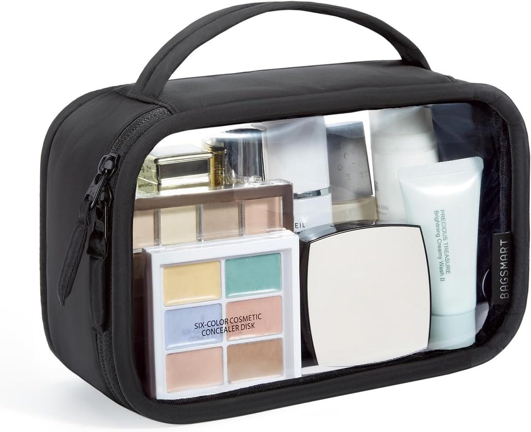 BAGSMART TSA-Approved Toiletry Bag, Large Opening Clear Makeup Bag with Handle, Quart Sized Travel Toiletry Bag, Carry-On Airline Compliant for Men and Women (Black)