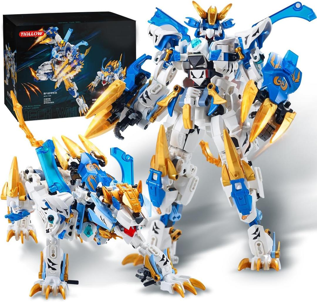 White Tiger 2 in 1 Mech Building Sets,Transform Robot Building Blocks Kits for Adults, Transforming Mecha Building Kits Action Figure Toys,Birthday Gifts for Boys Ages 8 10 12 14 (White Tiger)