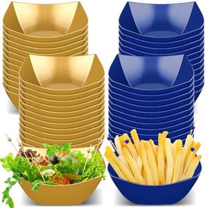 Newtay 100 Pcs Square Plastic Serving Bowl with Food Pick Disposable Snack Salad Buffet Bowl Candy Chip Fruit Dish Bar Containers Dessert Plate Party Supplies (8 oz,Blue and Gold)