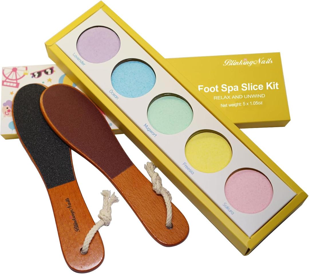 Foot Soak Salts Bath Spa Set Supplies Foot File Callus Remover, 2 Foot Scrubber Dead Skin Cracked Heels, 5 Organic Handmade Foot Bath Bombs Christmas Gift-Ready Packaging for Home Travel Pedicure Care