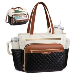 LOVEVOOK Teacher Tote Bag with Accordion File Pocket, Soft PU Leather Work Briefcase Quilted Laptop Bag with Large Cup Holder