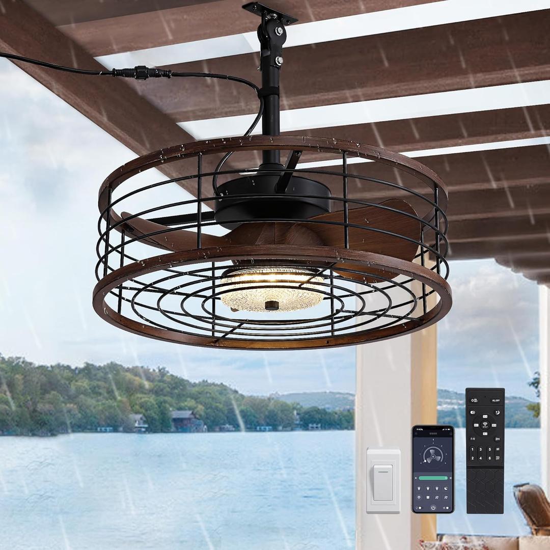 Outdoor Ceiling Fan with Light, Waterproof Plug in Caged Ceiling Fan, 6 Speeds, 3 Color LED Light, 20 Outdoor Hanging with Hook Gazebo Fan with Remote for Patios, Pergola, Canopy