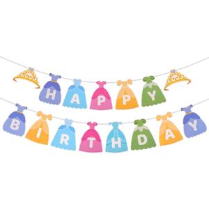 Princess Dress Happy Birthday Banner, Pre-Strung Princess Theme Birthday Party Decorations Colorful Hanging Bunting for Girl's 1st Party Supplies Photo Props Backdrop