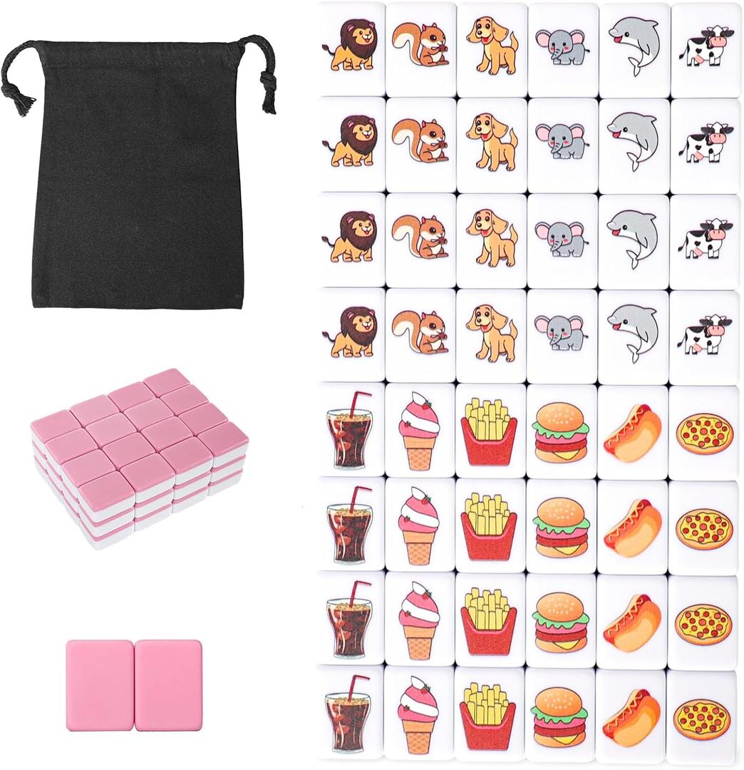 GRACIAS 2 Players Mahjong Block Set, Mahjong Tile Game with 50 Premium Pink Tiles(30mm) Animal and Food Pattern, Portable Mahjongg Set with A Carry Bag