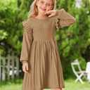 Danna Belle Girls Sweater Dress Lantern Sleeve Ruffled Fall Winter Dresses 5-12Y (Beige)
