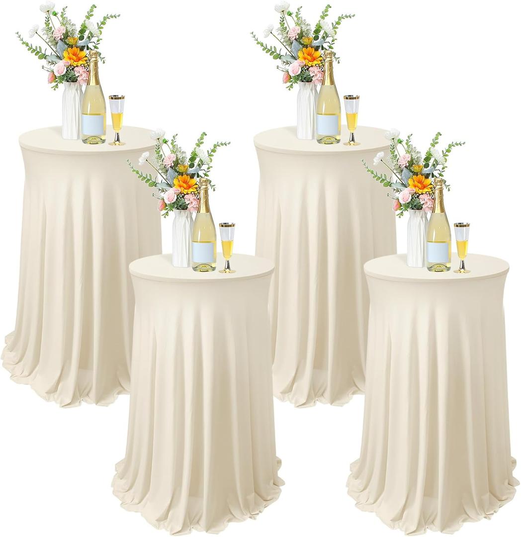 Tegeme 4 Packs Round Spandex Cocktail Tablecloths with Skirt 32 x 43 Inch Cocktail Round Table Cover Spandex Stretch Square Tablecloth Skirt for Table Bar Wedding Party Banquet (Beige)