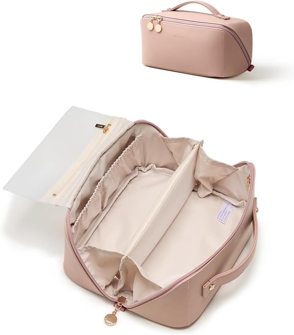 EACHY Travel Makeup Bag, Large Capacity Cosmetic Bag for Women, Waterproof PU Leather, Flat Open Portable Toiletry Bag for Skincare, Brushes & Travel Essentials (AS-Pink), Size Medium