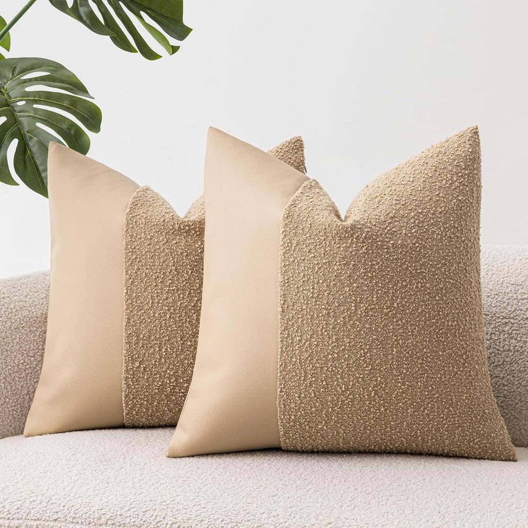 Set of 2 Fluffy Boucle Pillow Covers 20"x20", Khaki Textured Throw Pillow Covers with Faux Leather Accents, Boho Decorative Pillow Cases for Couch, Bed, or Farmhouse Home Decor Khaki