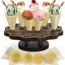 AVLA Ice Cream Cone Holder with 100 Wooden Cones, 36 Holes Waffle Cone Display Stand, Snack Tray for Wedding, Hand Roll Sushi Popcorn Rack for Birthday Party, Buffet, Restaurant, Food Truck