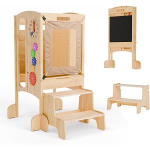 Toddler Tower, 6 in 1 Foldable Toddler Tower with 2 Step Stool,Toddler Standing Tower with Safety Equipment and Chalkboard