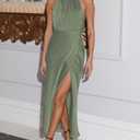 2026 Summer Satin Halter Neck Backless Slit Midi Dresses Elegant Cowl Back Ruched Wedding Guest Maxi Dress for Women (Green, XL)