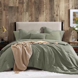 Geniospin Queen Comforter Set - 7 Pieces Comforter Queen Size, Solid Bedding Set for All Season, Textured Bed in a Bag with Sheets, Pillowcases and Shams (Sage Green, 90''x90'')