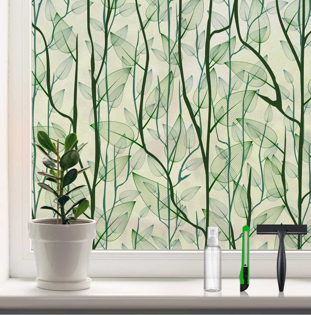 DKTIE Window Film Privacy with Installation Tools, Decorative Stained Glass Window Clings for Home, Static Cling Window Sticker for Front Door, Bathroom (Green, 35.4'' x 78.7'')