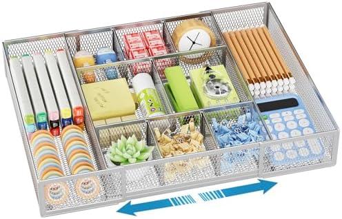 Marbrasse Expandable Desk Drawer Organizer, Mesh Tray with 10 Adjustable Compartments, Desk Organizers for Office Supplies, Makeup & Vanity (Expandable-Silver)