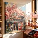 Japanese Cherry Blossom Canvas Wall Art,Vintage Convenience Store Painting Picture Wall Decor,Elegant Scenery Poster Print Artwork for Living Room Bedroom Office Home Decoration 16x24in