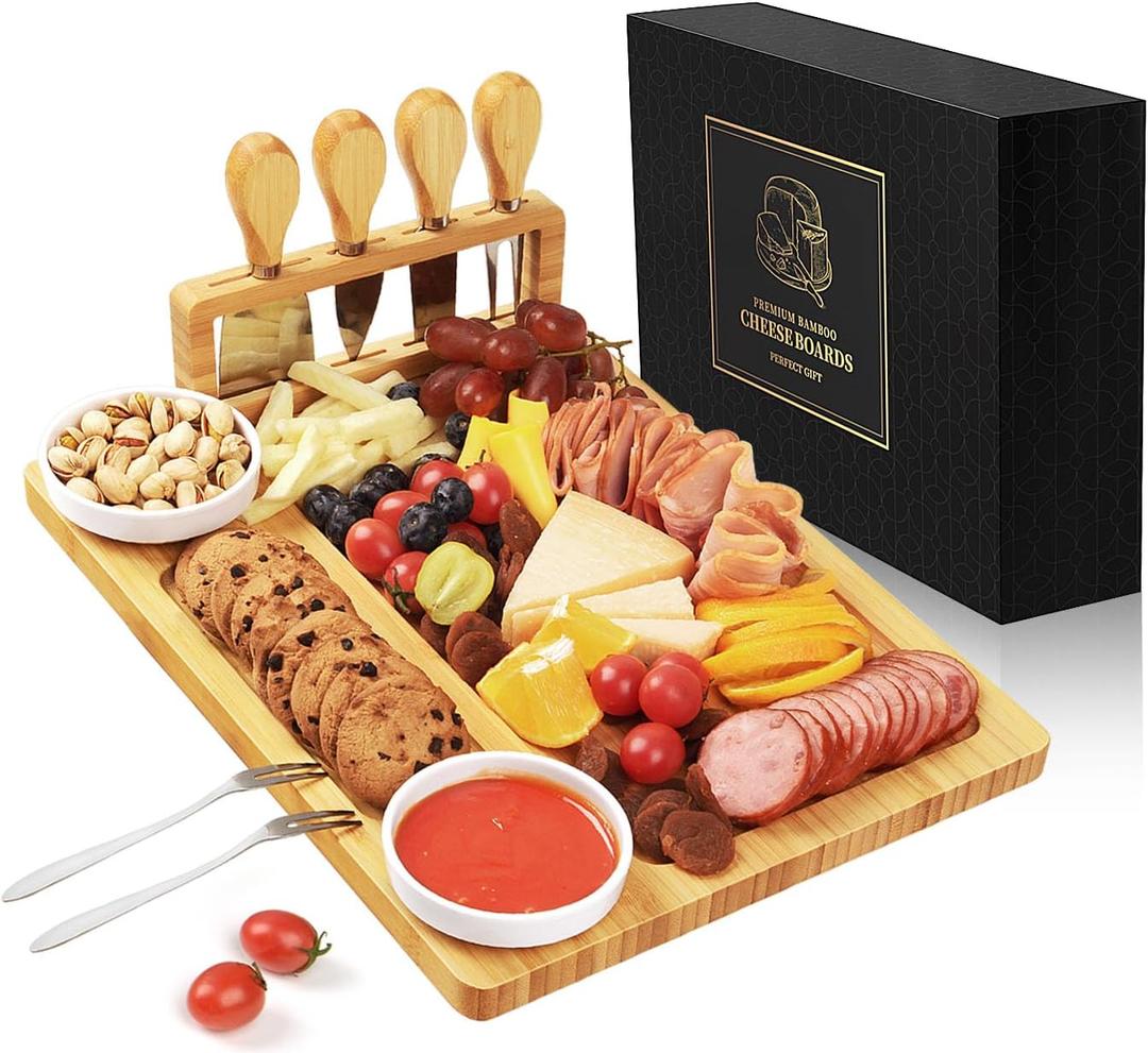 Bamboo charcuterie boards Gift Set - Serving Meat Cheese Board, Charcuterie Board Set with 4 Stainless Steel Cheese Knife, Ideal for House Warming Gifts New Home, Christmas, Bridal Shower Gift (Modern)